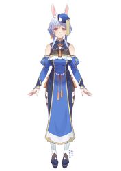 Rule 34 | arms at sides, bare shoulders, blue dress, blue hat, blue nails, blue sleeves, bodystocking, breasts, bridal sleeves, cleavage, cosplay, detached collar, detached sleeves, dress, frilled dress, frills, full body, hat, highres, hololive, jiangshi costume, juliet sleeves, long sleeves, mandarin collar, matsutsu, mature female, nail polish, neck tassel, ofuda, ofuda on clothes, pekomama, pelvic curtain, puffy sleeves, qingdai guanmao, see-through cleavage, see-through clothes, side slit, simple background, solo, straight-on, strapless, strapless dress, tachi-e, tassel, tilted headwear, usada pekora, usada pekora (10th costume), usada pekora (cosplay), virtual youtuber, white background