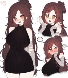 Rule 34 | 1girl, absurdres, arms behind back, bandaged arm, bandages, bandaid, bandaid on face, bandaid on nose, black dress, blush, breasts, brown eyes, brown hair, closed mouth, dress, english text, eyebrows hidden by hair, fingernails, half updo, hazel eyes, highres, indie virtual youtuber, large breasts, long bangs, long hair, looking at viewer, looking down, looking to the side, multiple views, open mouth, short dress, sky above me, sky above me (vtuber), sleeveless turtleneck dress, smile, solo, standing, swept bangs, teeth, thighs, tongue, very long hair, virtual youtuber