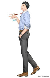 1boy :d artist_request belt black_eyes black_hair blue_shirt breast_pocket brown_belt brown_shoes collared_shirt commentary_request company_name copyright_notice dress_shirt grey_pants hand_in_pocket hand_up highres id_card lanyard looking_at_viewer looking_to_the_side male_focus nijisanji official_art open_mouth pants pen pocket second-party_source shirt shirt_tucked_in shoes short_hair simple_background sleeves_rolled_up smile solo very_short_hair virtual_youtuber white_background yashiro_kizuku yashiro_kizuku_(1st_costume)