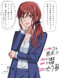 1girl breasts brown_eyes brown_hair cleavage cowboy_shot highres long_hair noel_(tsukihime) simple_background solo speech_bubble tsukihime watermark weilaizuigao703 white_background