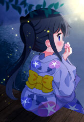 1girl black_hair blue_eyes blue_kimono blush bush floral_print flower from_behind holding holding_flower japanese_clothes kimono lens_flare long_hair long_sleeves moon night night_sky obi ponytail print_kimono r245 sash shirosaki_hana sitting sky star_(symbol) star_print watashi_ni_tenshi_ga_maiorita! wide_sleeves