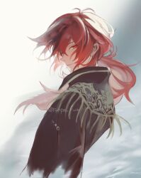 1boy bishounen black_jacket closed_mouth collared_jacket commentary_request diluc_(genshin_impact) embroidery floating_hair from_side genshin_impact hair_behind_ear highres jacket long_hair looking_back low_ponytail male_focus parted_bangs ponytail red_eyes runpa_run solo twitter_username unfinished upper_body wing_collar