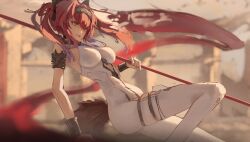 1girl absurdres armlet black_bow blurry blurry_background bodysuit boots bow breasts collar eien_001 hair_bow hairband highres holding holding_polearm holding_weapon jewelry long_hair looking_at_viewer lupa_(wuthering_waves) medium_breasts metal_collar metal_hairband parted_lips polearm red_hair red_pupils solo tail thigh_boots twintails weapon white_bodysuit white_boots wolf_tail wrist_guards wuthering_waves yellow_eyes