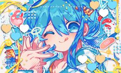 1girl :q antlers blue_eyes blue_hair blush closed_mouth collarbone fingernails halftone hands_up happy_tree_friends heart highres horns jacket long_hair long_sleeves looking_at_viewer lumpy_(happy_tree_friends) moose_antlers omoyu_(nakyu715) one_eye_closed own_hands_together personification portrait simple_background smile solo symbol-shaped_pupils tongue tongue_out white_jacket