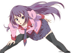 Rule 34 | 1girl, arm behind back, artist name, bakemonogatari, bent over, black thighhighs, blue eyes, blue necktie, blue skirt, breast pocket, breasts, collared shirt, end card, feet out of frame, fingernails, floating hair, hand on own knee, kobayashi jin, long hair, long sleeves, looking at viewer, medium breasts, miniskirt, monogatari (series), naoetsu high school uniform, necktie, object in pocket, official art, open mouth, pleated skirt, pocket, purple hair, purple shirt, red trim, school uniform, senjougahara hitagi, shirt, simple background, skirt, sleeve cuffs, solo, spread legs, thighhighs, third-party source, white background, zettai ryouiki