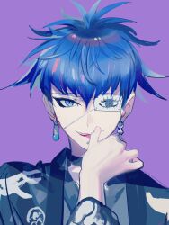 Rule 34 | 1boy, blue eyes, blue hair, bowknot huhu, bridge piercing, earrings, eyebrows, eyepatch, face piercing, hand up, highres, japanese clothes, jewelry, lip piercing, long sleeves, looking at viewer, male focus, messy hair, omokage yugamu, one eye covered, open mouth, piercing, solo, solo focus, the hundred line -last defense academy-, tongue, tongue out, upper body