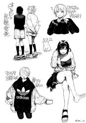 3rr_ll4 5girls adidas arms_behind_back bandeau bow_hairband braid braided_hair_rings breasts cardigan cat cellphone cleavage clothes_grab collage collarbone commentary_request company_name crossed_legs greyscale hair_ornament hair_over_one_eye hair_rings hairband hairclip hand_in_own_hair hanpen_(love_live!) heart highres holding holding_own_hair holding_phone hood hoodie invisible_chair jacket kneehighs logo long_sleeves love_live! love_live!_nijigasaki_high_school_idol_club medium_breasts medium_hair mia_taylor mifune_shioriko miyashita_ai monochrome multiple_girls nakasu_kasumi nijigasaki_school_uniform off_shoulder official_alternate_costume official_alternate_hairstyle osaka_shizuku phone pleated_skirt ponytail rise_up_high!_(love_live!) sandals school_uniform shadow shirt_grab shoes short_hair short_shorts shorts sidelocks simple_background single_bare_foot sitting skirt smartphone sneakers socks translated twitter_username white_background wristband