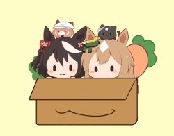 2girls :3 animal animal_ears animal_on_head animalization black_hair blush bow box brown_hair carrot cat cheval_grand_(umamusume) chibi chibi_only closed_mouth commentary double-parted_bangs ear_ribbon gomashio_(goma_feet) green_ribbon horse_ears horse_girl in_box in_container kitasan_black_(umamusume) long_hair multicolored_hair multiple_girls no_mouth on_head red_panda red_ribbon ribbon satono_crown_(umamusume) satono_diamond_(umamusume) short_hair simple_background smile two-tone_hair umamusume white_hair yellow_background