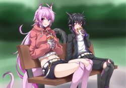 Rule 34 | 1boy, 1girl, absurdres, ahoge, belt, bench, black hair, black jacket, black shorts, blue eyes, blush, breasts, claws, closed mouth, commentary request, commission, crepe, crop top, cropped hoodie, crossed bangs, dragon boy, dragon girl, dragon horns, dragon tail, drawstring, eating, food, g (genesis1556), gradient hair, groin, hair between eyes, heterochromia, highres, holding, holding crepe, holding food, hood, hood down, hoodie, horns, ice cream crepe, jacket, large breasts, long hair, long sleeves, looking to the side, midriff, monster girl, multicolored hair, navel, on bench, open clothes, open jacket, original, outdoors, park bench, pointy ears, purple eyes, purple hair, red hoodie, scales, shirt, short hair with long locks, short shorts, shorts, sidelocks, sitting, skeb commission, streaked hair, tail, very long hair, white belt, white shirt