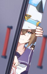 &gt;_o 2girls ahoge anger_vein animal_ears steamed_bun blurry blurry_foreground blush breasts brown_hair cheval_grand_(umamusume) cloud commentary_request food hair_between_eyes hair_ornament hat highres horse_ears horse_girl kitasan_black_(umamusume) looking_at_viewer medium_breasts multiple_girls nottoai_(user_emeu8775) one_eye_closed opening_door pov sky smile tongue tongue_out umamusume