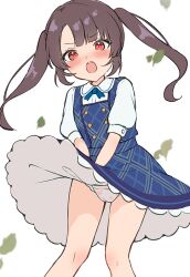 1girl blue_dress blue_ribbon blush brcl7777 brown_hair clothes_lift commentary_request diaper dress dress_lift embarrassed falling_leaves feet_out_of_frame heart heart_print leaf loli long_hair looking_at_viewer neck_ribbon open_mouth original pinafore_dress red_eyes ribbon shirt sidelocks sleeveless sleeveless_dress solo standing twintails v-shaped_eyebrows white_shirt wind wind_lift