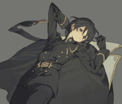 1boy black_coat black_eyes black_gloves black_hair black_jacket closed_mouth coat commentary_request fhemfmsrpwjd gloves grey_background hair_between_eyes jacket korean_commentary long_sleeves lord_(lord_of_heroes) lord_of_heroes lying male_focus male_lord_(lord_of_heroes) military military_uniform on_back simple_background solo unworn_coat
