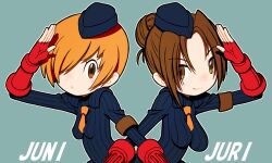 Rule 34 | 2girls, armband, beeru (veil8801), blue background, blue hat, breasts, brown armband, brown eyes, brown hair, character name, closed mouth, english text, engrish text, fingerless gloves, garrison cap, gloves, hair bun, hair over one eye, hand up, hat, highres, juli (street fighter), juni (street fighter), medium breasts, multiple girls, necktie, orange hair, orange necktie, outline, ranguage, red gloves, short hair, short necktie, simple background, single hair bun, small breasts, smile, street fighter, street fighter zero (series), typo, white outline