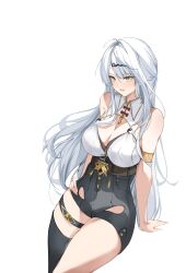 1girl absurdres ahoge arm_support bare_shoulders belt black_shorts black_thighhighs blush breasts brown_belt cleavage collared_shirt commentary english_commentary gold_armlet gold_trim hair_between_eyes hair_ornament halter_shirt halterneck hand_on_own_hip high-waist_shorts highres large_breasts long_hair looking_at_viewer mole mole_on_breast open_mouth shirt shorts simple_background single_hair_intake single_thighhigh sitting smile solo tassel thigh_strap thighhighs thighs user_xwgh4342 very_long_hair white_background white_hair white_shirt yellow_eyes yin_yang_pin yixuan_(zenless_zone_zero) zenless_zone_zero