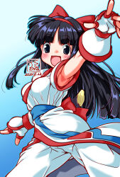 Rule 34 | 1girl, ainu clothes, armpits, artist name, black eyes, black hair, breasts, cleavage, dated, fingerless gloves, gloves, hair ribbon, highres, legs, long hair, looking at viewer, nakoruru, open mouth, outstretched arm, pants, ribbon, samurai spirits, smile, snk, solo, teeth, the king of fighters, thighs, tongue, weapon