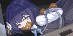 Rule 34 | 1girl, blue eyes, blue hair, bound, flower, gag, gakuen idolmaster, hair flower, hair ornament, hataya misuzu, idolmaster, improvised gag, kidnapped, kidnapping, looking at viewer, lying, peril, raftetram, restrained, scared, solo, tape, tape bondage, tape gag, tied up (nonsexual)