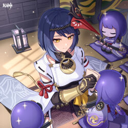 Rule 34 | 1girl, absurdres, bird mask, black bodysuit, black gloves, blue hair, bodysuit, breast curtain, character doll, closed mouth, doll, elbow gloves, figure, from above, genshin impact, gloves, highres, indoors, japanese clothes, kimono, kujou sara, long hair, low-braided long hair, low-tied long hair, mask, mask on head, mole, mole under eye, official art, purple hair, purple kimono, raiden shogun, red mask, red rope, rope, short hair, sitting, smile, solo, statue of her excellency (genshin impact), tassel, yamabukiiro, yellow eyes