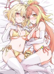 2girls absurdres ass bed_sheet bikini blonde_hair blush bow bowtie breasts cleavage elbow_gloves gloves groin hair_ornament hairclip halo highres hinata_mashu hira_hikari large_breasts long_hair looking_at_viewer lying multicolored_hair multiple_girls nameplate nanashi_inc. on_back on_bed orange_bikini orange_hair red_eyes shirana_tamana short_hair side-tie_bikini_bottom stuffed_animal stuffed_toy sweat swimsuit thighhighs thighs two-tone_hair virtual_youtuber white_bow white_bowtie white_gloves white_thighhighs yellow_bikini yellow_eyes