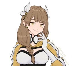 Rule 34 | 1girl, black corset, braid, braided ponytail, breasts, brown hair, cleavage, corset, fire emblem, fire emblem engage, gloves, goldmary (fire emblem), hahm0106, hair ribbon, hooded top, large breasts, long hair, looking at viewer, low ponytail, mole, mole on breast, nintendo, ponytail, ribbon, upper body, white background, white gloves, white ribbon, yellow eyes