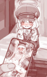 1girl absurdres aoba_(blue_archive) armband bag blue_archive blush bow bowtie cellphone cellphone_photo halo hat highres holding holding_bag holding_phone jacket long_hair looking_at_viewer navel nipples nose_blush nurami_(shouji) open_clothes open_mouth open_shirt phone pov pov_hands smartphone solo_focus spread_legs tearing_up