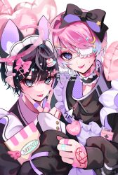 Rule 34 | 2boys, animal ear fluff, animal ears, apron, bandages, bandaid, black bow, black hair, blue eyes, bow, cat ears, choker, collar, commentary request, eyepatch, frilled collar, frilled eyepatch, frills, hair bow, highres, jersey maid, jewelry, jirai kei, kaminoq, looking at viewer, maid, maid headdress, male focus, medical eyepatch, multiple boys, nail polish, original, pentagram, pink bow, pink hair, pink nails, ring, slit pupils, smile, tongue, unconventional maid, upper body, watermark, yami kawaii