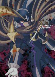 1boy baron-0628 bass.exe_(mega_man) black_bodysuit black_helmet bodysuit brown_cloak cloak cowboy_shot dated facial_mark fins forehead_jewel glowing head_fins helmet highres mega_man_(series) mega_man_battle_network_(series) parted_lips red_eyes signature single_tear smirk solo