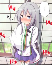 1girl averting_eyes blue_eyes blue_skirt blush commentary_request embarrassed grey_hair hair_down highres long_hair long_sleeves looking_at_viewer mononobe_no_futo open_mouth shirt skirt solo speech_bubble teoi_(good_chaos) touhou translation_request very_long_hair white_shirt