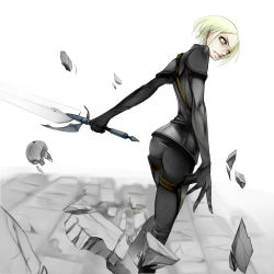 00s angry blonde_hair claymore_(series) claymore_(sword) helen looking_back short_hair solo sword weapon yama yellow_eyes