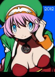 1girl 2012 beeru_(veil8801) blue_eyes braid breasts choker closed_mouth cropped_jacket hat highres leaning_forward letterboxed long_hair looking_at_viewer pink_hair psychic_force single_braid smile solo wendy_ryan wrist_cuffs
