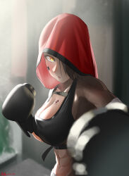 1girl abs absurdres black_tank_top blurry blurry_background blurry_foreground blush boxing_gloves breasts brown_hair dark-skinned_female dark_skin girls&#039;_frontline girls&#039;_frontline_neural_cloud heavy_breathing highres hood hood_up large_breasts li_yu_liyu looking_at_viewer magnhilda_(neural_cloud) muscular muscular_female one_eye_covered solo tank_top yellow_eyes