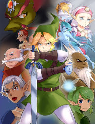 4boys 6+girls bad_id bad_tumblr_id bald bandages bare_shoulders beard blonde_hair blue_eyes breasts brown_dress colored_skin covered_mouth dark_skin darunia dress facial_hair facial_mark fighting_stance fingerless_gloves fish_girl forehead_jewel frown ganondorf gloves green_eyes green_hair green_skin hairband hat headdress high_ponytail highres impa instrument interlocked_fingers jewelry link lipstick long_hair long_nose looking_at_viewer looking_back makeup mascara master_sword melisa_amaro monster_girl multiple_boys multiple_girls mustache nabooru navi nintendo ocarina own_hands_together pointy_ears pointy_nose ponytail praying princess_ruto princess_zelda rauru_(ocarina_of_time) red_eyes red_hair red_lips saria_(zelda) sheik short_hair silver_hair smile sword the_legend_of_zelda the_legend_of_zelda:_ocarina_of_time triforce weapon young_zelda