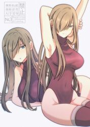 1girl armpits arms_up bare_arms bare_shoulders blue_eyes breasts brown_hair closed_mouth commentary_request covered_navel feet_out_of_frame hair_over_one_eye heattech_leotard highleg highleg_leotard komegura large_breasts leotard long_hair looking_at_viewer lying multiple_views official_alternate_costume on_stomach pout red_leotard red_thighhighs sidelocks simple_background sitting sleeveless_turtleneck_leotard stretching tales_of_(series) tales_of_the_abyss tear_grants thighhighs thighs turtleneck