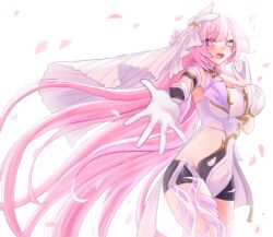 1girl black_shorts breasts commentary_request corset diamond-shaped_pupils diamond_(shape) elysia_(herrscher_of_human:_ego)_(honkai_impact) elysia_(honkai_impact) eringi_(user_upvx8244) falling_petals gloves honkai_(series) honkai_impact_3rd large_breasts long_hair looking_at_viewer open_mouth petals pink_hair purple_eyes reaching reaching_towards_viewer short_shorts shorts simple_background solo symbol-shaped_pupils thighs triquetra veil very_long_hair white_background white_corset white_gloves white_veil