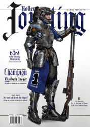 1girl allianz_arena armor black_hair bmw breastplate chainmail commentary concept_art cover elbow_pads english_commentary english_text fake_magazine_cover fantasy faulds female_focus full_armor gauntlets greaves grey_helmet hair_through_headwear helmet highres inline_skates johnson_ting lips lufthansa magazine_cover medieval motocross nose original pauldrons plate_armor ponytail realistic roller_skates shoulder_armor single_pauldron skates solo sponsor urban_fantasy