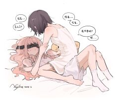 Rule 34 | 1girl, 1other, akiyama mizuki, animal-shaped pillow, arm support, artist name, barefoot, black blindfold, black hair, blindfold, blush, chinese text, commentary, covered eyes, dated, face-to-face, frilled chemise, frilled shorts, frills, grey shorts, hair spread out, hand on another&#039;s arm, highres, holding hands, interlocked fingers, kyline, long hair, lying, nervous sweating, on back, parted lips, pink hair, project sekai, shinonome ena, short hair, shorts, shoulder blush, simple background, sitting, sitting on person, socks, speech bubble, sweat, symbol-only commentary, translation request, wariza, white background, white chemise, white socks
