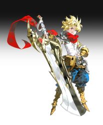 Rule 34 | 1boy, absurdres, armor, arowana2111, black background, blonde hair, blue pants, boots, brown boots, brown sleeves, commentary, english commentary, fingernails, full body, gradient background, grin, hand on own hip, highres, huge weapon, looking at viewer, original, pants, red eyes, red scarf, scar, scar on face, scarf, shirt, shoulder armor, smile, solo, standing, weapon, white background, white shirt