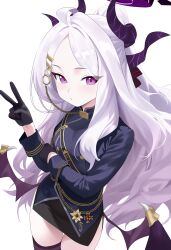 1girl absurdres black_dress black_gloves black_horns blue_archive closed_mouth commentary demon_wings dress gloves halo hand_up highres hina_(blue_archive) horns light_blush long_hair long_sleeves looking_at_viewer low_wings multiple_horns parted_bangs potgit purple_eyes side_slit simple_background solo v very_long_hair white_background white_hair wings