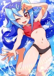 1girl bikini black_bikini blue_hair blush breasts cloud cowboy_shot fuji_tarawi highres kamishiro_rio long_hair medium_breasts ocean one_eye_closed red_bikini red_eyes solo swimsuit water_drop yu-gi-oh! yu-gi-oh!_zexal