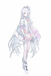 1girl absurdres ajirui blue_eyes bouquet choker closed_mouth commentary dress flower full_body gloves hair_flower hair_ornament hair_over_one_eye hand_up highres holding holding_bouquet layered_dress long_hair looking_at_viewer pink_flower pleated_dress project_sekai puffy_short_sleeves puffy_sleeves rose shoes short_sleeves simple_background smile solo standing symbol-only_commentary thigh_strap tiara very_long_hair white_background white_choker white_dress white_gloves white_hair white_shoes yoisaki_kanade