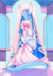 alternate_color animal_focus bead_tail_ornament blue_eyes blue_veil christianity dragon dragonair dratini evolutionary_line fine_art_parody fleebites forehead_jewel gen_1_pokemon gold_trim halo highres horns light_rays nintendo no_humans parody pastel_colors pink_eyes pink_robe pokemon pokemon_(creature) pokemon_focus robe shiny_pokemon single_horn sunbeam sunlight veil white_halo white_robe window wing_ears