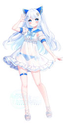Rule 34 | 1girl, artist name, bikini, bikini bottom only, blue bikini, blue bow, blue eyes, blue nails, blue sailor collar, blush, bow, closed mouth, collarbone, contrapposto, detached sleeves, dress, frilled bow, frills, full body, hair bow, hair ornament, hairclip, highres, long hair, looking at viewer, nail polish, original, outstretched arm, puffy short sleeves, puffy sleeves, sailor collar, sailor dress, sandals, see-through clothes, see-through skirt, short sleeves, sidelocks, signature, simple background, skirt, smile, solo, standing, star (symbol), star hair ornament, stardrop, swept bangs, swimsuit, thighs, toenail polish, toenails, watermark, white background, white hair