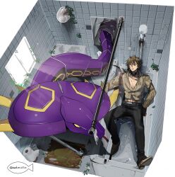 1boy 418monami asakura_takeshi bathroom bathtub belt black_gloves cobra_(animal) contract_monster fingerless_gloves gloves heisei highres kamen_rider kamen_rider_ryuki_(series) male_focus pants shirt shower_head sink snake_print tile_wall tiles tokusatsu tongue venosnaker