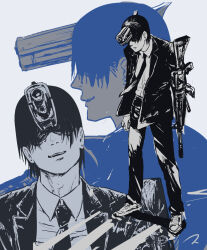1boy assault_rifle black_hair black_necktie chainsaw_man collared_shirt commentary formal_clothes gun gun_fiend_(chainsaw_man) hayakawa_aki highres m4_carbine matahei multiple_views necktie no_eyes rifle shirt short_hair signature simple_background suit weapon white_background white_shirt