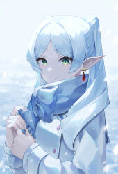 1girl 46_coffee absurdres blue_scarf bow coat collared_coat commentary earrings elf expressionless film_grain fingernails frieren green_eyes highres long_hair long_sleeves looking_at_viewer outdoors parted_lips pointy_ears scarf scarf_bow short_eyebrows sidelocks snow snowing solo sousou_no_frieren teardrop_earrings thick_eyebrows twintails upper_body white_coat white_hair winter winter_clothes