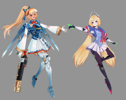 aki_rosenthal armor blonde_hair cosplay dark-skinned_female dark_elf dark_skin echo_(overwatch) echo_(overwatch)_(cosplay) elf headgear high_ponytail hololive jetpack joints low_twintails mechanical_wings nyacifer overwatch parted_bangs pharah_(overwatch) pharah_(overwatch)_(cosplay) pointy_ears ponytail power_armor robot_joints rocket_launcher shiranui_flare silvertang thrusters twintails virtual_youtuber weapon wings