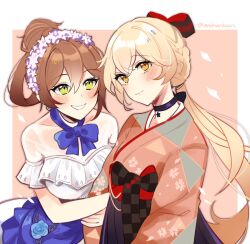 2girls alternate_costume alternate_hairstyle blue_dress blush bow braid breasts brown_hair choker closed_mouth coll_(erichankun) commission dress flower_hairband french_braid girls&#039;_frontline green_eyes hair_between_eyes hair_bow holding_another&#039;s_arm japanese_clothes kimono looking_at_another looking_at_viewer medium_breasts multiple_girls official_alternate_costume ots-14_(flurry_of_petals)_(girls&#039;_frontline) ots-14_(girls&#039;_frontline) parted_lips ponytail red_bow second-party_source simple_background small_breasts smile springfield_(girls&#039;_frontline) two-tone_background two-tone_dress white_dress
