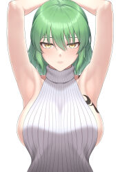1girl absurdres arm_behind_head arm_up armpit_focus armpits arms_behind_head arms_up blush breast_tattoo breasts closed_mouth commentary green_hair highres hikage_(senran_kagura) large_breasts looking_at_viewer medium_hair meme_attire no_bra presenting_armpit ribbed_sweater senran_kagura sideboob simple_background slit_pupils snake_print snake_tattoo solo sweater tattoo upper_body virgin_killer_sweater white_background white_sweater yellow_eyes zib_(boriku)