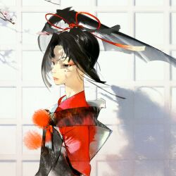 1boy androgynous black_eyes black_hair black_robe branch cherry_blossoms closed_mouth eyeshadow feather_hair_ornament feathers flower from_side hair_ornament hair_ribbon high_ponytail highres japanese_clothes kariginu kimono kiyosyl kogarasumaru_(touken_ranbu) lips long_sleeves looking_ahead makeup male_focus mark_under_both_eyes pink_flower pom_pom_(clothes) ponytail realistic red_eyeshadow red_kimono red_ribbon ribbon robe shadow short_eyebrows short_ponytail solo tile_wall tiles touken_ranbu upper_body wide_ponytail