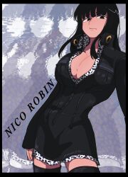1girl black_eyes black_hair blunt_bangs boots breasts character_name cleavage closed_mouth cowboy_shot highres jacket large_breasts leather leather_dress leather_jacket looking_at_viewer medium_hair nico_robin nico_robin_(water_7) one_piece onohi partially_unzipped solo thigh_boots thighhighs thighs zettai_ryouiki zipper
