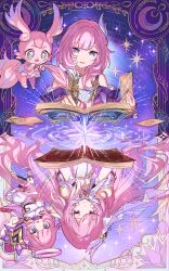 Rule 34 | 4girls, blue eyes, book, card, coat, commentary, company connection, corset, cyrene (honkai: star rail), dress, elf elysia, elysia (herrscher of human: ego) (honkai impact), elysia (honkai impact), hair ornament, halo, highres, holding, holding card, holding quill, holding staff, honkai: star rail, honkai (series), honkai impact 3rd, inoue marina, long hair, medium hair, mem (honkai: star rail), multicolored hair, multiple girls, open book, papipiko, pink fur, pink hair, purple coat, purple eyes, quill, smile, staff, star-shaped pupils, star (symbol), symbol-shaped pupils, tarot, two-tone hair, very long hair, voice actor connection, white corset, white dress, white hair, yanning